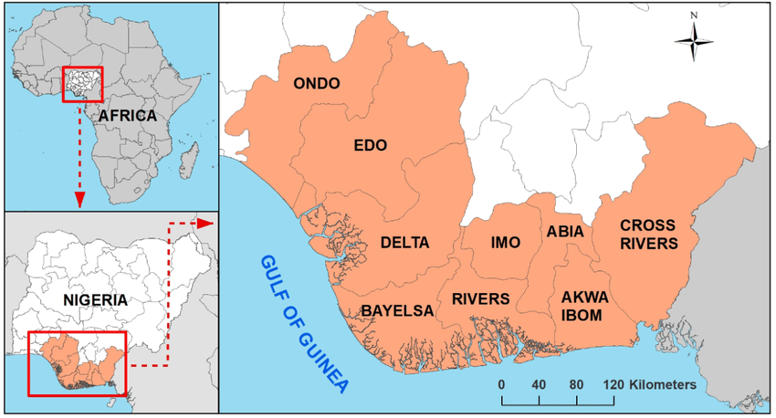 A map of the Niger delta of Nigeria.