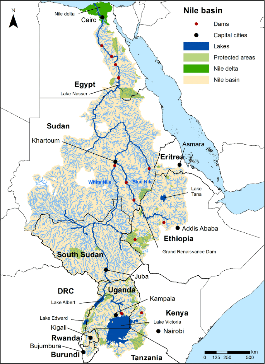 A map of the Nile river basin.