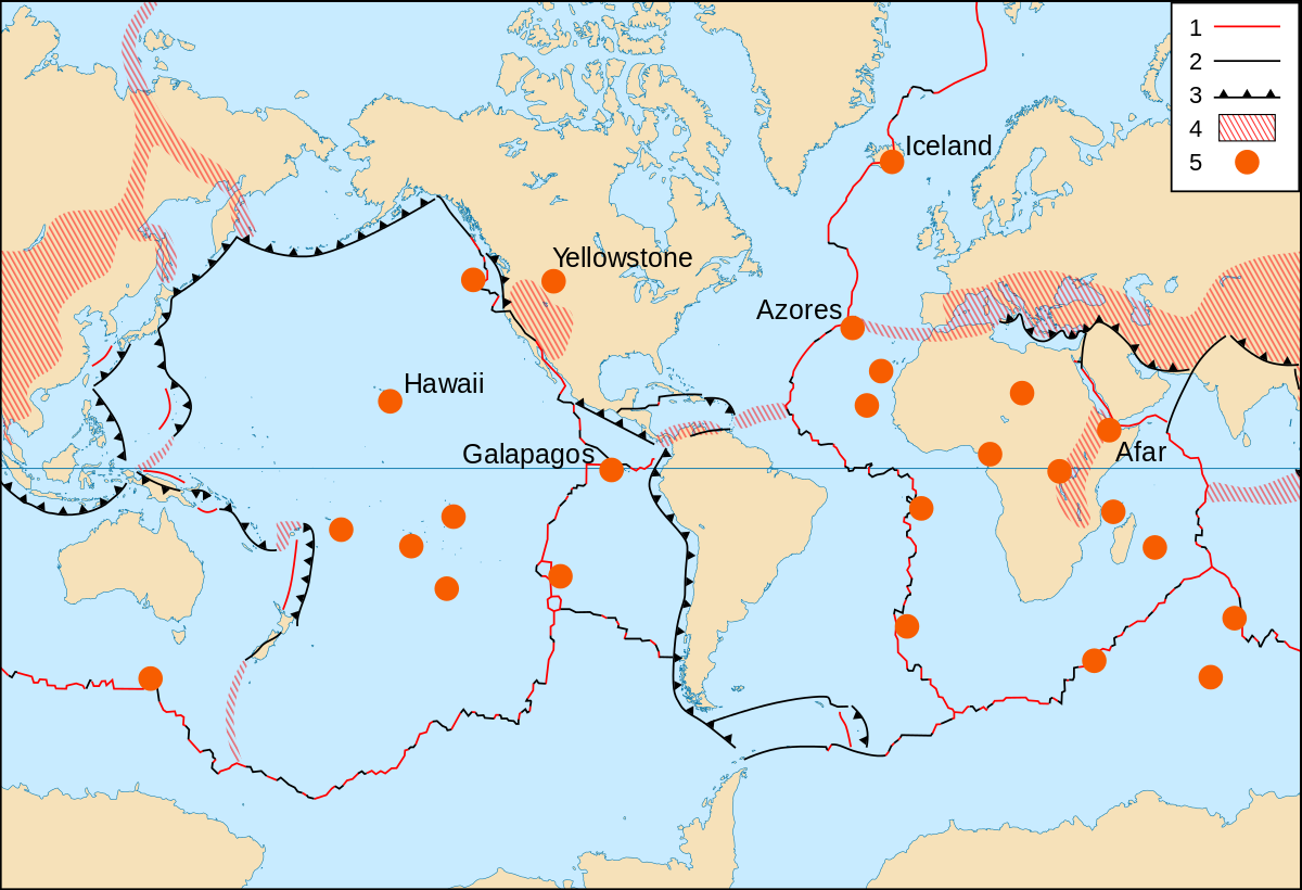 A map of hotspot volcanoes in the world.